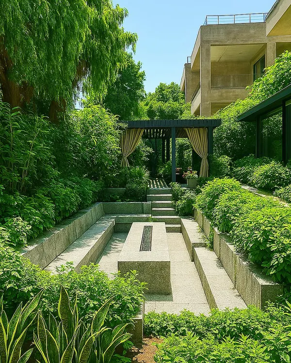 A wide view of a multi-level garden I designed for a Jaipur villa. The sunken stone seating area and fire pit are surrounded by dense, layered plantings and lead up to a shaded pergola, creating different zones for relaxation and entertainment.