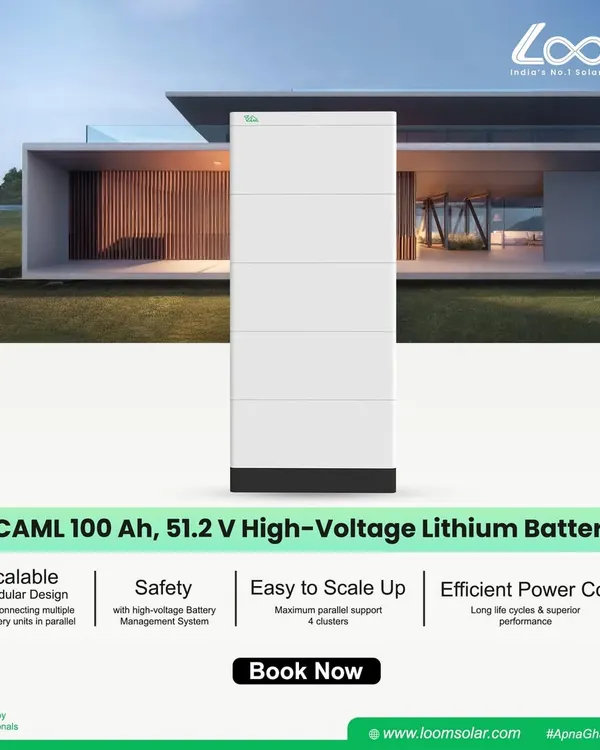 The CAML 100 Ah, 51.2 V High-Voltage Lithium Battery is a scalable and safe energy storage solution. Its modular design allows for easy expansion, while the high-voltage BMS ensures reliable performance for homes and businesses.