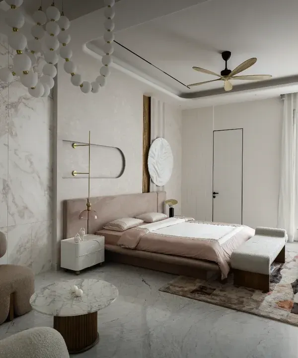 The daughter's bedroom in The House of Dancing Screens is a sophisticated blend of soft pink and pristine white. Every detail, from the delicate drapery to the organically shaped furniture, reflects her personality and refined taste.