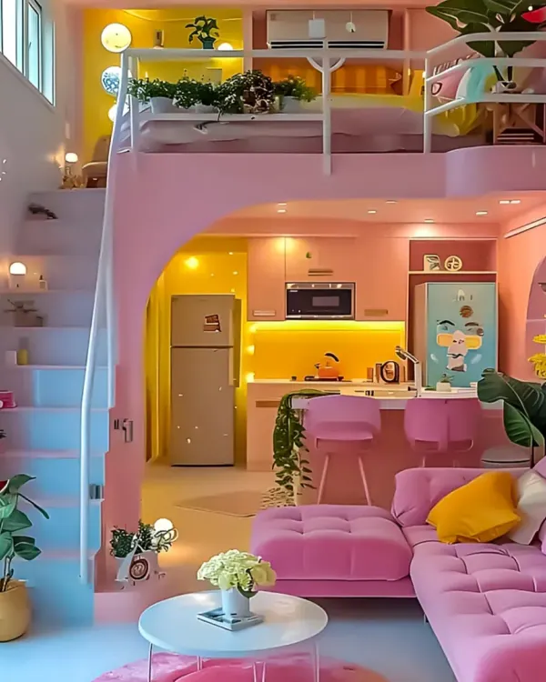 A vibrant, pink-themed loft apartment design. We used a mezzanine level for the bedroom, freeing up the entire ground floor for a compact kitchen, living area, and dining space.