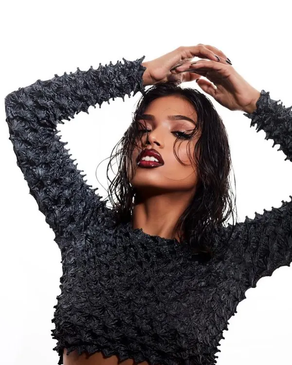 A close-up of a bold, high-fashion makeup look. I created this edgy style with a deep berry lip and a wet-look hairstyle, perfect for editorial shoots that require a strong visual statement.