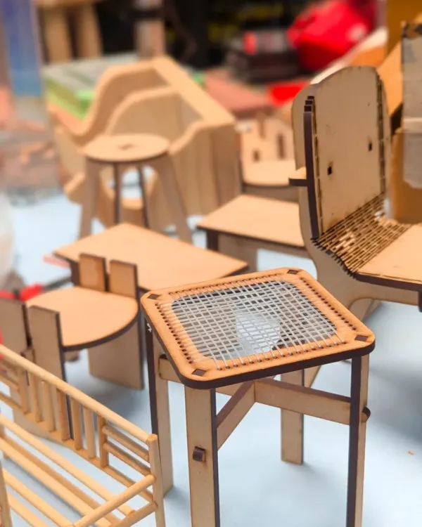A collection of laser-cut miniature furniture pieces. Our three-hour short format workshop lets you assemble your own scale models and understand the entire design-to-fabrication process.