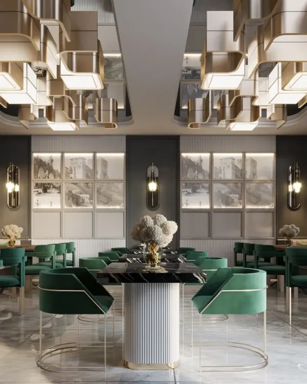 A symmetrical view of a luxury restaurant interior, showcasing emerald green velvet chairs and a striking geometric chandelier. The design uses reflective surfaces and layered lighting to create an opulent and expansive dining space.