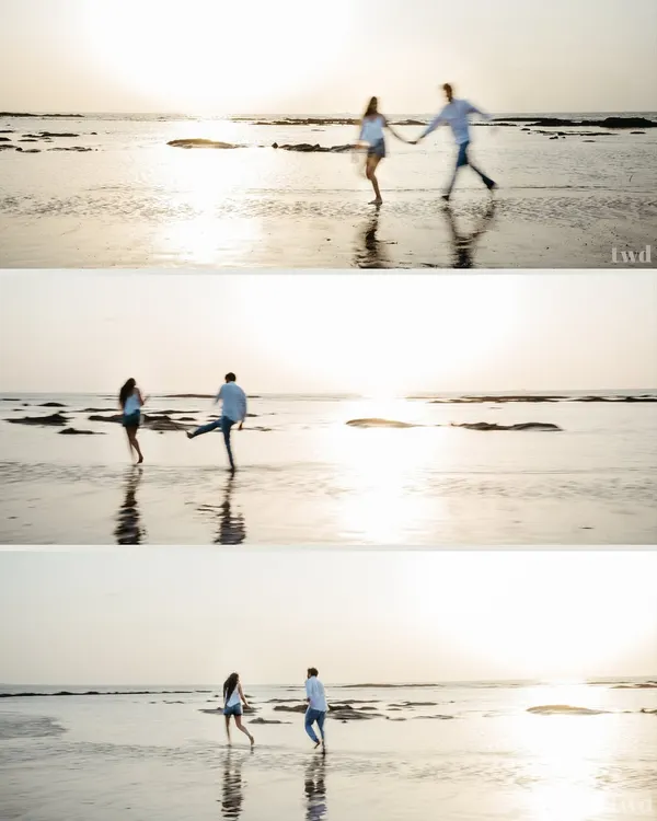 A collage showing a couple's playful and candid moments on a beach during golden hour. This series of shots captures their uninhibited joy as they run hand in hand through the shallow water, creating a beautiful narrative of love that is free and full of laughter.