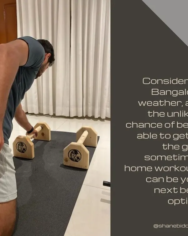 In a city like Bangalore, having a solid home workout plan is a game-changer. Here, I'm using parallettes for a strength session at home. I can equip you with routines that ensure you never miss a workout, no matter the weather or your schedule.