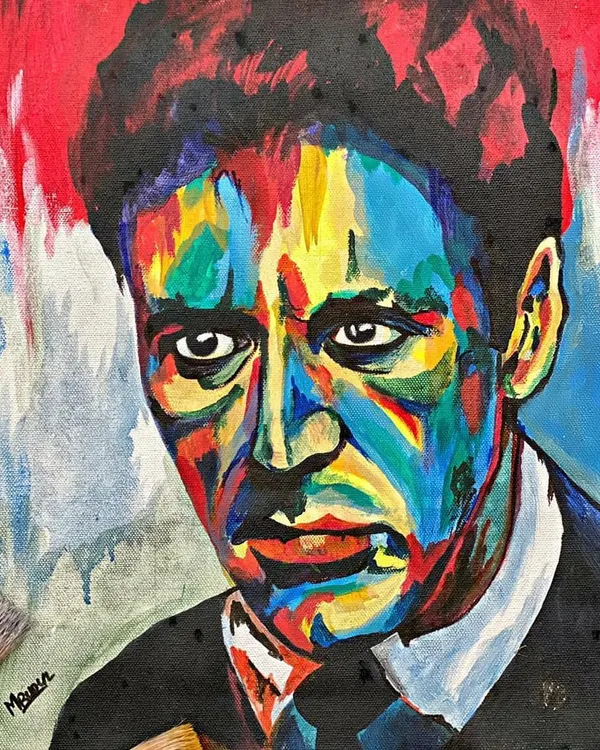An abstract acrylic portrait of Al Pacino, where I used bold colors and expressive strokes to capture his iconic intensity. This style is great for modern and pop art commissions.