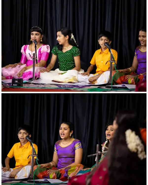 The pure joy and concentration of our 'Bindaas Kutti' team during a live concert. We encourage our students to be expressive and sing from the heart, turning lessons into confident stage performances.