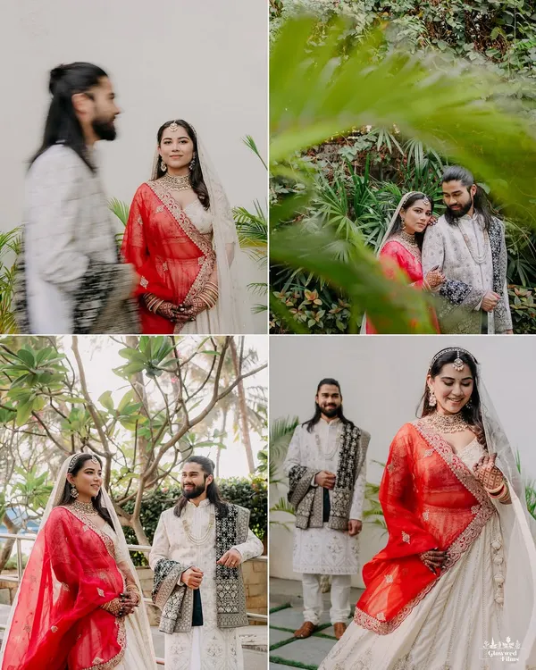 A collage of candid and posed portraits of Khushali and Niranjan, showcasing their easy chemistry and love, with a mix of motion blur and clear shots.