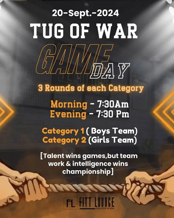 Announcing our Tug of War game day. We believe teamwork and intelligence win championships, and we love bringing our members together for fun challenges like this.