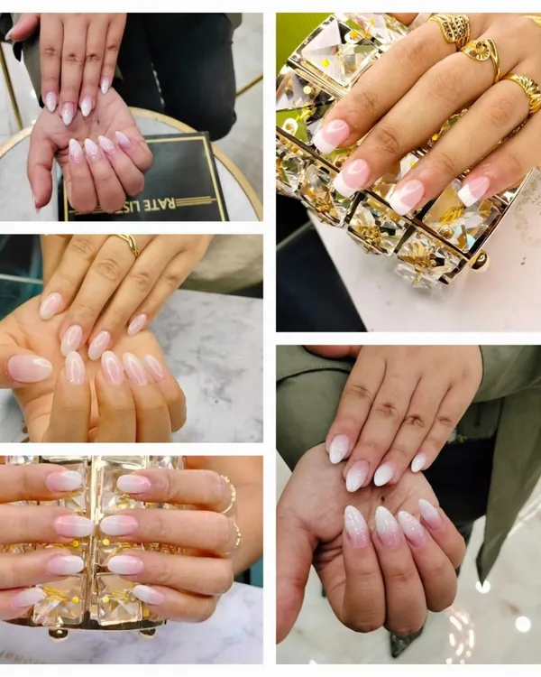 This collage showcases one of my most requested styles: the baby boomer or French ombre nail. It features a seamless blend from a soft pink base to a white tip, creating a natural and elegant look on extensions of various lengths and shapes.