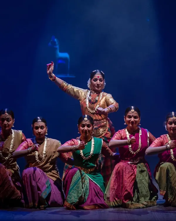 A powerful scene from 'Antariksha Sanchar', where my students and I enact the sequence of Surya and his celestial horses. This production combined classical dance with digital projections, telling an ancient story in a modern way.