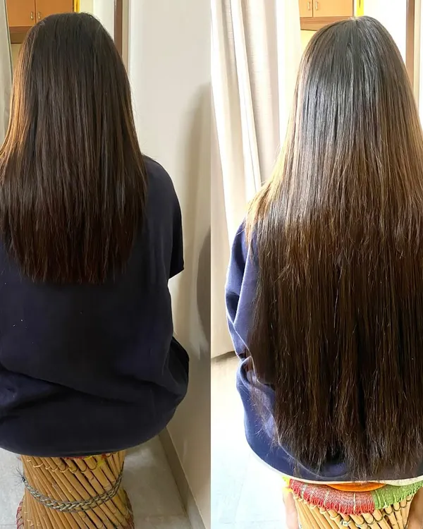 A beautiful before-and-after result using permanent keratin glue extensions. We added significant length and fullness for a natural, healthy look.