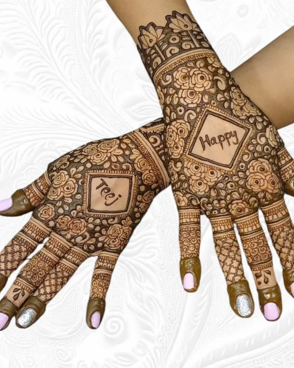 A modern take on Teej mehendi, with "Happy" on one hand and "Teej" on the other, surrounded by a dense floral rose pattern.