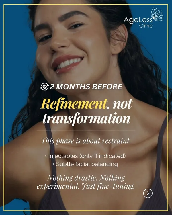 For my brides, the journey to glowing skin should be a calm and planned process. I recommend starting about two months before the wedding for any subtle facial balancing or injectables. My approach is always refinement, not transformation, ensuring you look like the most radiant version of yourself on your special day.