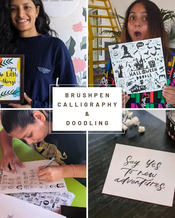 A peek into our brush pen calligraphy and doodling workshops. Learn to create beautiful lettering and fun, imaginative doodles with us.