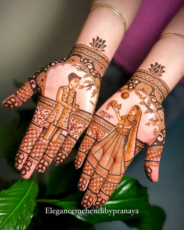 A special Karwa Chauth mehendi with figures of a couple performing the ritual, making it very personal for the client.