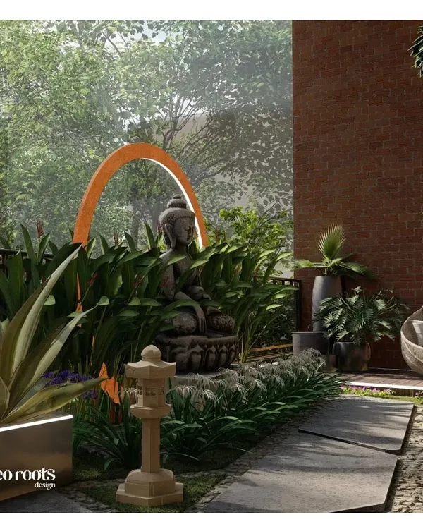 This 3D design concept showcases a contemporary Zen garden. A large Buddha statue is framed by a modern, illuminated arch, surrounded by lush tropical foliage, a stone lantern, and a tranquil seating area.