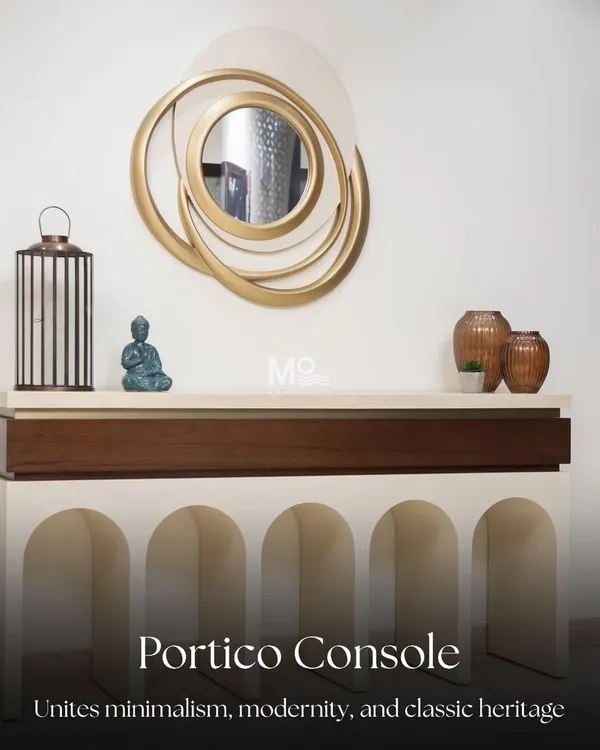 Inspired by the majestic architecture of ancient Rome, the Portico console unites minimalism and classic heritage. Creamy ivory arches contrast with rich wood and a luxurious Italian marble top, creating a captivating harmony of textures and tones.