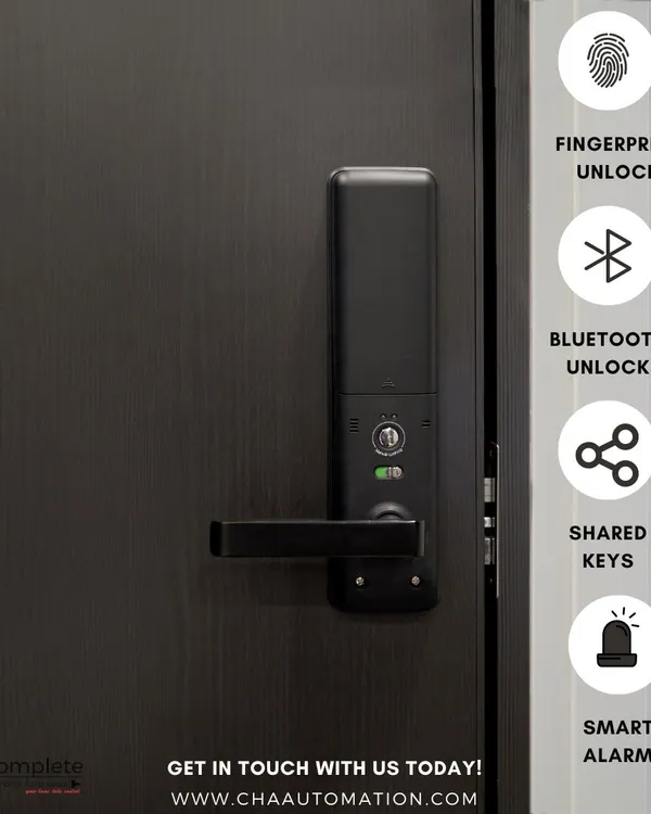 This smart lock model showcases multiple layers of security and convenience. It features a built-in smart alarm and allows access via fingerprint, Bluetooth from your phone, or shared digital keys for guests.