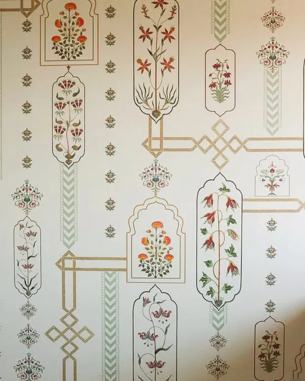 This custom wallpaper is a story woven from Mughal floral motifs and Indian craftsmanship. I designed this piece to transform a simple wall into a canvas of heritage and art, where every detail invites a closer look.