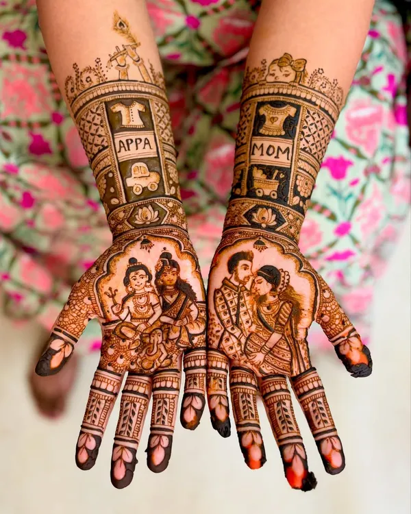 A truly personal baby shower mehendi, this design features detailed portraits of the parents-to-be, along with playful blocks for "MOM" and "APPA" (Dad), and tiny motifs like a baby car and stroller.