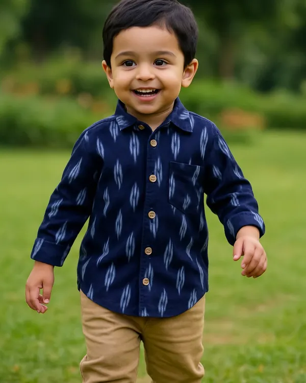 This is what it's all about for me. A happy child, free to run and explore in clothes that are as comfortable as they are stylish. This handwoven Ikat shirt is one of my signature pieces, made from 100% breathable cotton so nothing gets in the way of playtime.
