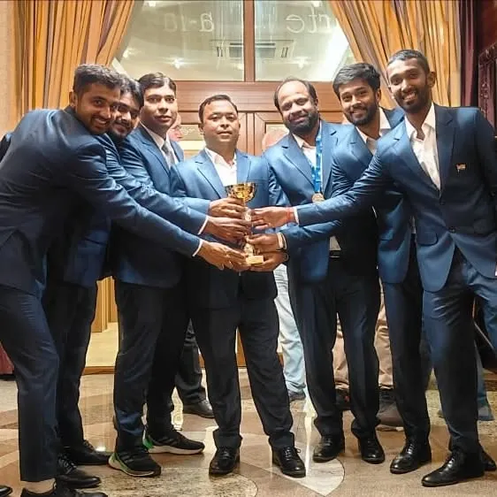 NTC's Nitin Kumar Sinha and his colleagues from the Indian Railways team celebrate their gold medal win at the World Railway's International Championship in Bulgaria.