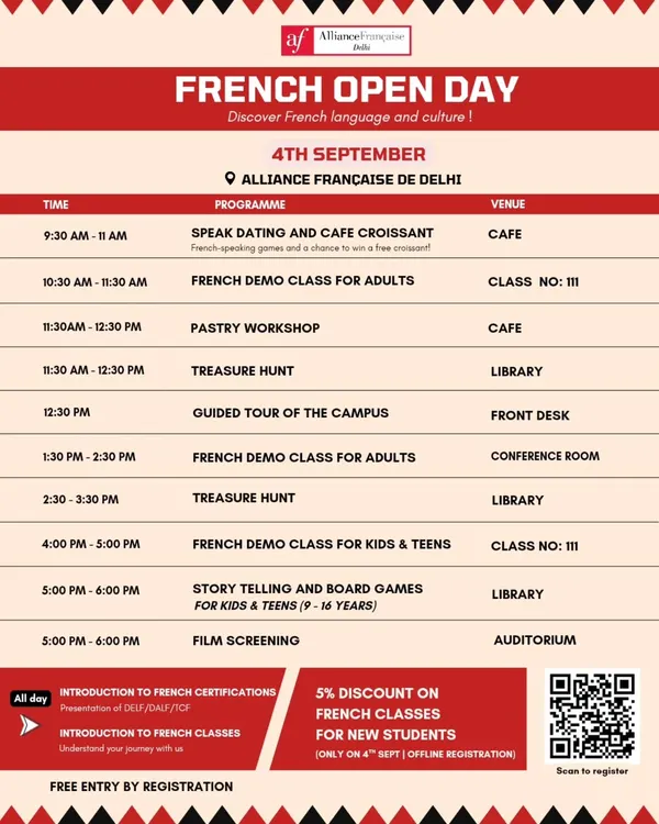 The schedule for our French Open Day, a full day of activities. The library hosts events like a Treasure Hunt and Story Telling sessions, making it a central part of the campus experience.