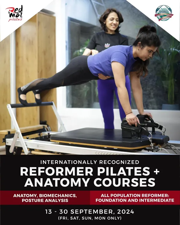 An official poster for our internationally recognized Reformer Pilates and Anatomy courses, detailing the curriculum and dates.