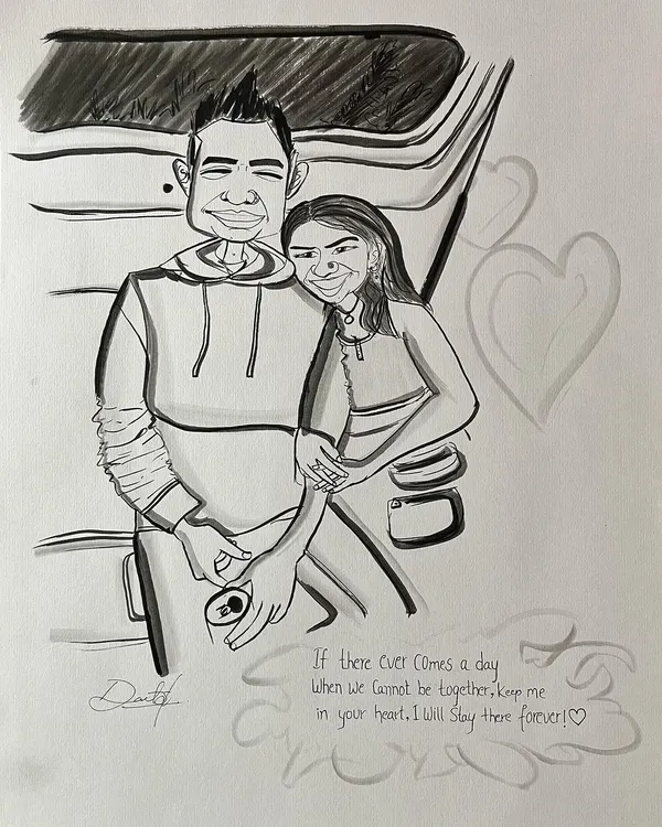 A romantic couple's caricature, complete with a personal quote. I can add any text to make your portrait extra special.