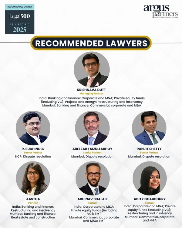 This graphic from The Legal 500 features some of our recommended lawyers, including myself and key partners like Adity Chaudhury and Aastha. My personal recommendation spans several practice areas, including Restructuring and Insolvency, Banking and Finance, and Corporate M&A.