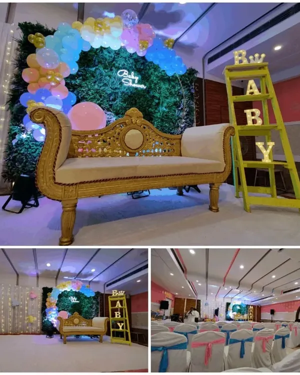 A complete pink and blue themed baby shower decor package available for rent. This collage shows the main stage with a golden sofa, a green wall backdrop, "BABY" marquee letters, and coordinated seating for guests.