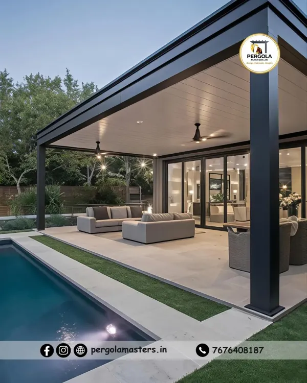 We transform poolside areas into luxurious retreats. This modern pergola features a solid roof and a robust MS steel frame, providing the perfect balance of shade and style for all-day relaxation and entertainment by the water.