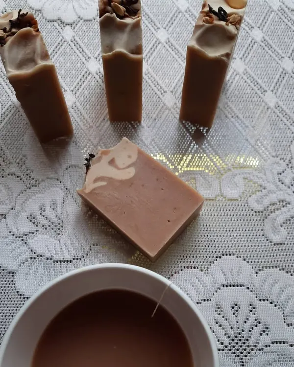A tea party with my Earl Grey Tea soap. Made with real brewed tea and a blend of bergamot and spearmint essential oils, it's a truly aromatic and pampering experience.