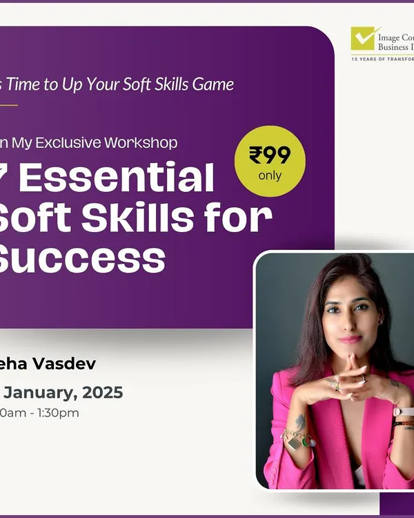 Did you know 80% of success comes from soft skills? This graphic promotes my "7 Essential Soft Skills for Success" workshop. For just ₹99, you can learn to build a strong self-image, communicate with clarity, and make confident decisions.