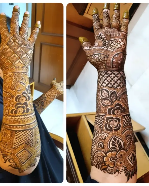 This full-sleeve bridal henna shows how I blend different patterns, from geometric grids to floral motifs, to create a cohesive and stunning design that extends all the way up the arm.