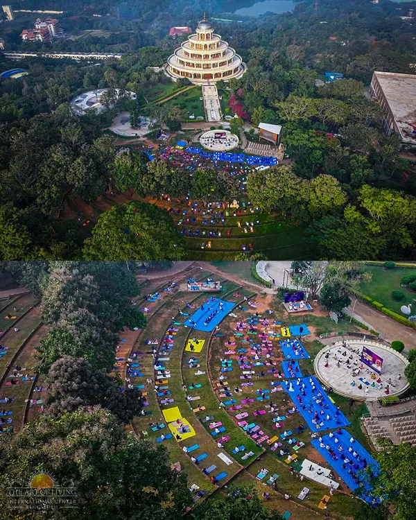An aerial view of our World Meditation Day event. Thousands of people gathered in the amphitheater, creating beautiful patterns with their yoga mats as they meditated for global peace and harmony.