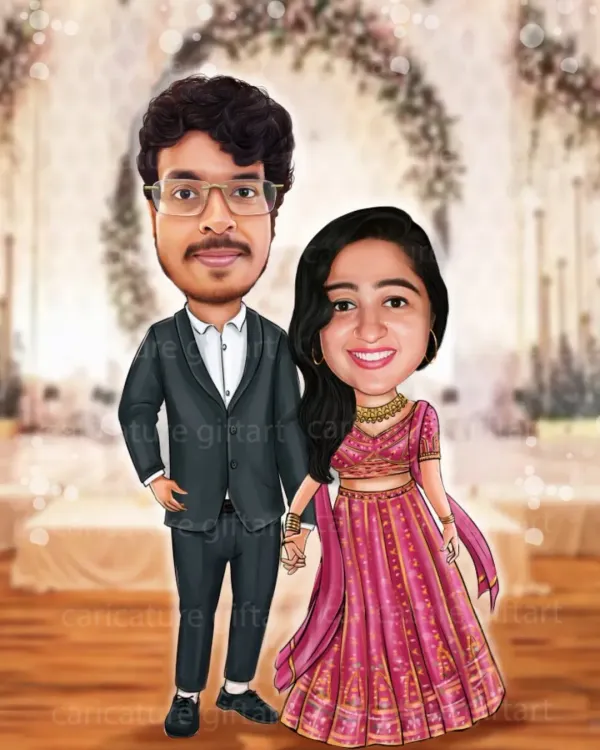 A lovely couple caricature perfect for a wedding reception or anniversary gift. I focused on the details of the groom's suit and the bride's beautiful pink lehenga.
