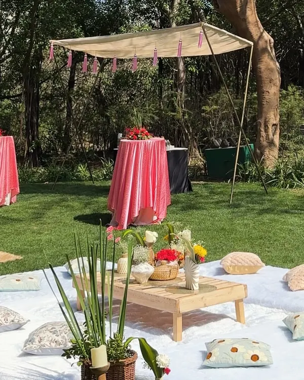 A wide view of our luxury picnic setup. We arranged low tables with cushions on soft white rugs, with standing cocktail tables covered in pink linens under a canopy for a varied and functional layout.