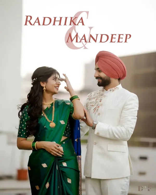 A perfect blend of Maharashtrian elegance and Punjabi charm. Radhika and Mandeep's portrait showcases the beauty of their cross-cultural union.