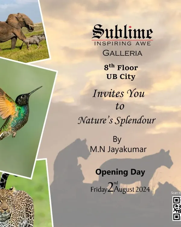 An invitation for our wildlife photography exhibition, 'Nature's Splendour', by M.N. Jayakumar, featuring a collage of his stunning animal portraits.