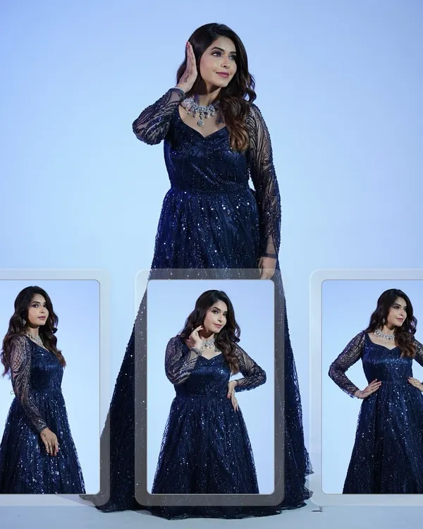 A collage showing off our midnight blue sequin gown from every angle. The perfect way to see how this stunning dress moves and shines before you make it yours for the night.