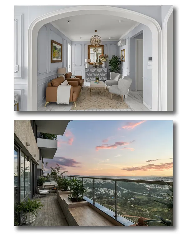 A dual perspective of a luxury apartment at Tata Promont, Bangalore. The top view frames the elegant living room through a classic archway, while the bottom view reveals a stunning balcony sunset, showcasing the property's "sanctuary in the sky" appeal.