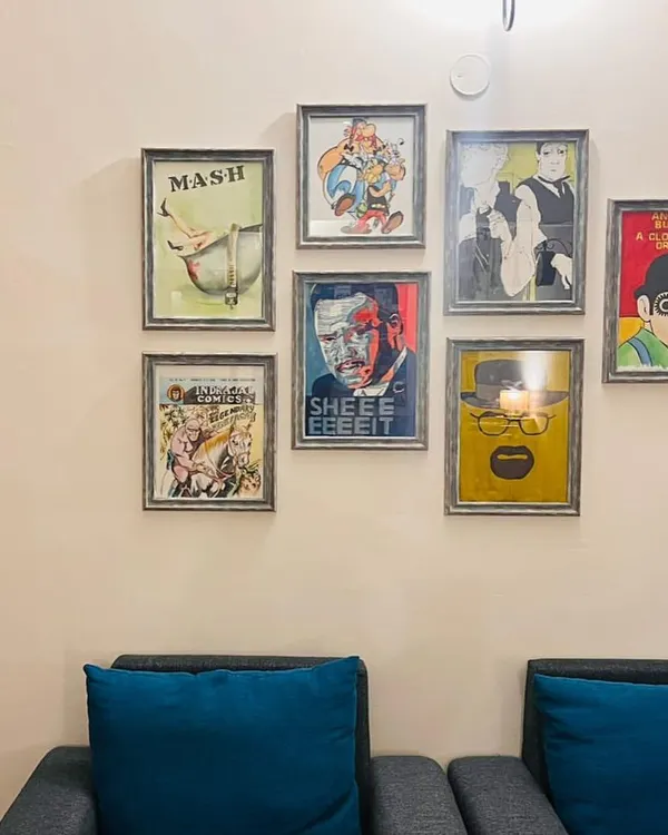 The final result of a commissioned gallery wall for a client who loves classic TV and movies. This collection features pieces inspired by MASH, Breaking Bad, Asterix & Obelix, and more.