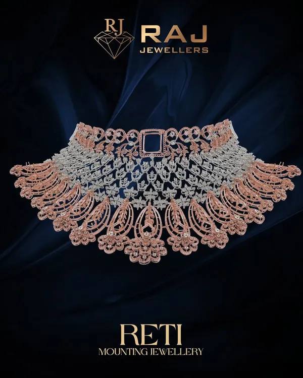 A grand choker mounting designed for maximum impact. The two-tone rose and white gold finish provides a contemporary yet opulent base, with a framework of floral and geometric patterns ready to be fully studded with brilliant stones.