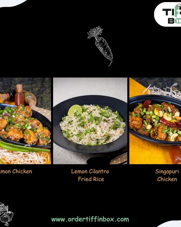 Introducing some of our non-veg Chinese specials. This collage features our zesty Lemon Chicken, flavorful Lemon Cilantro Fried Rice, and spicy Singapuri Chicken.