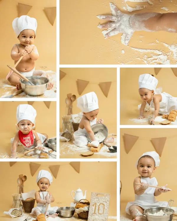 A collage showcasing the many adorable moments from our 'Baby Chef' sitter session. From crawling through flour to tasting the dough, it’s a perfect theme for capturing their playful and curious nature.