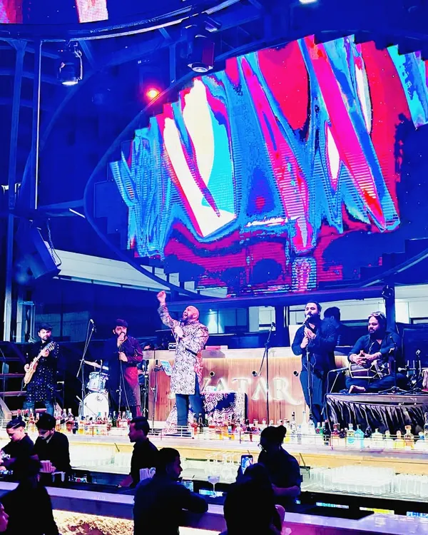 On stage with my band Saaz-e-Mehfil, under the big lights. This is the full-scale production we bring to create a massive sound for concerts and large events.