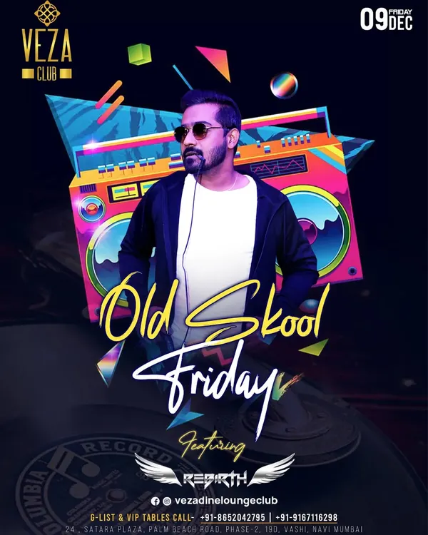 A poster for an 'Old Skool Friday' event. These nights are all about taking a break from the present and reflecting on the golden era of music.