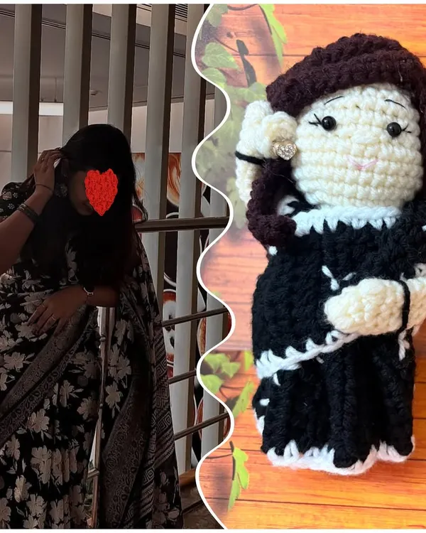 I can turn your cherished photograph into an adorable, hand-stitched doll. This custom crochet doll was created from a client's picture, capturing the details of her beautiful saree and hairstyle in soft, premium yarn.